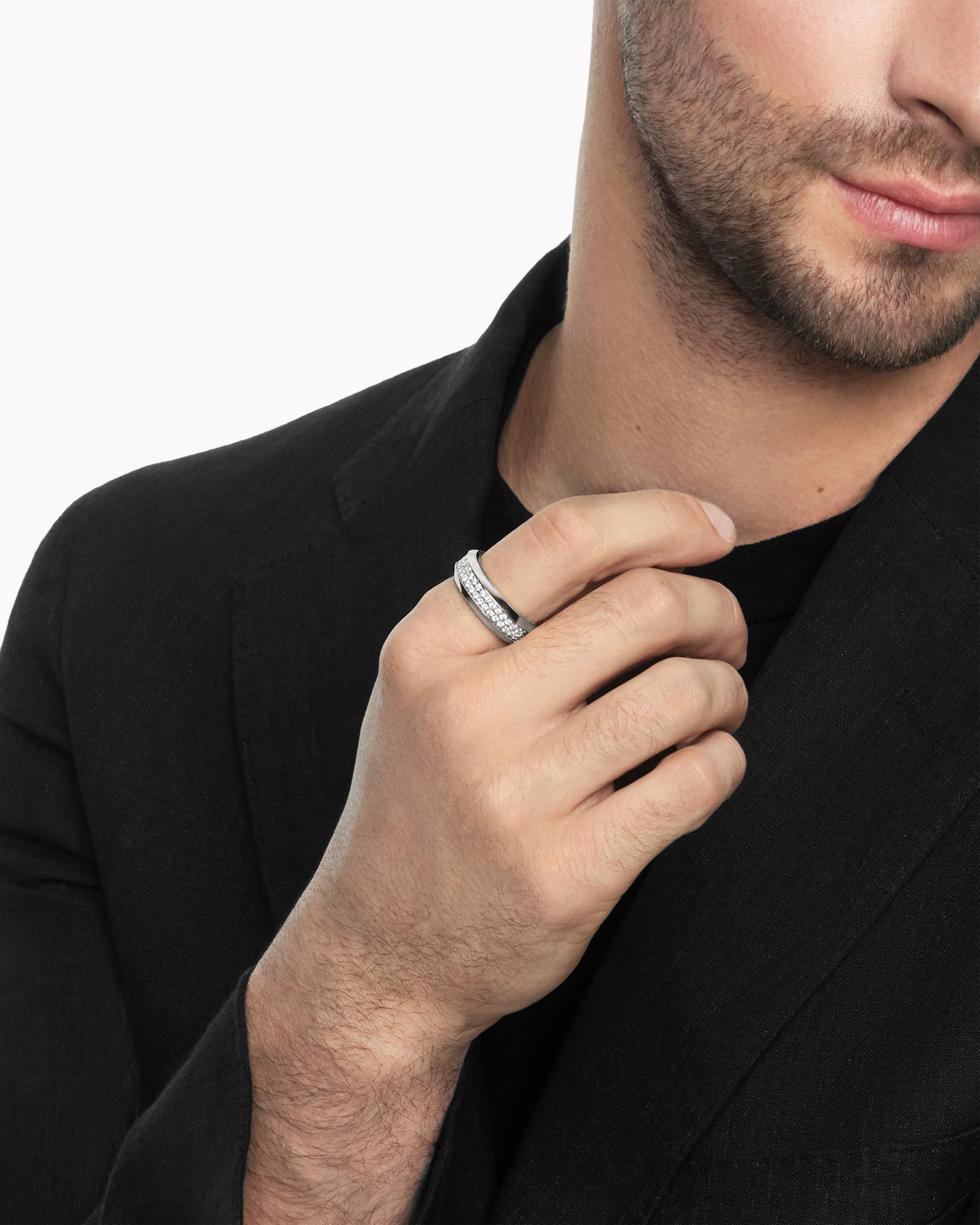 Alternative view of Beveled Two Row Band Ring in 18K White Gold with Diamonds, 8mm