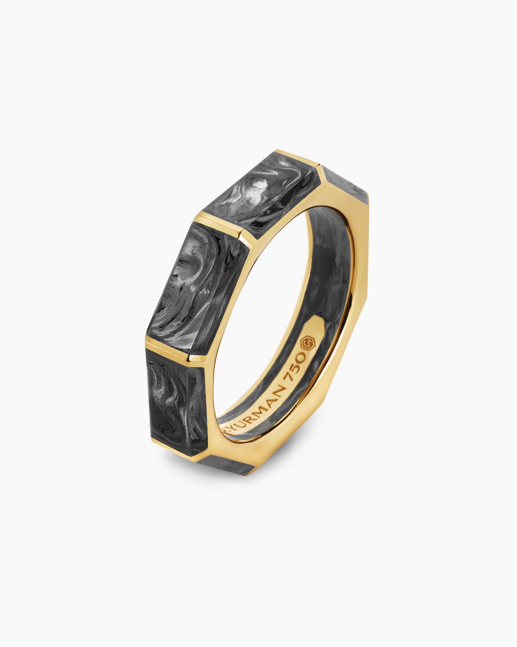 Forged Carbon Faceted Band Ring in 18K Yellow Gold, 6mm - Image 3