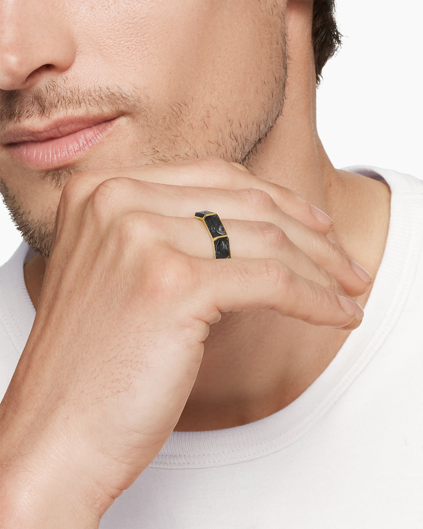 Forged Carbon Faceted Band Ring in 18K Yellow Gold, 6mm - Image 7