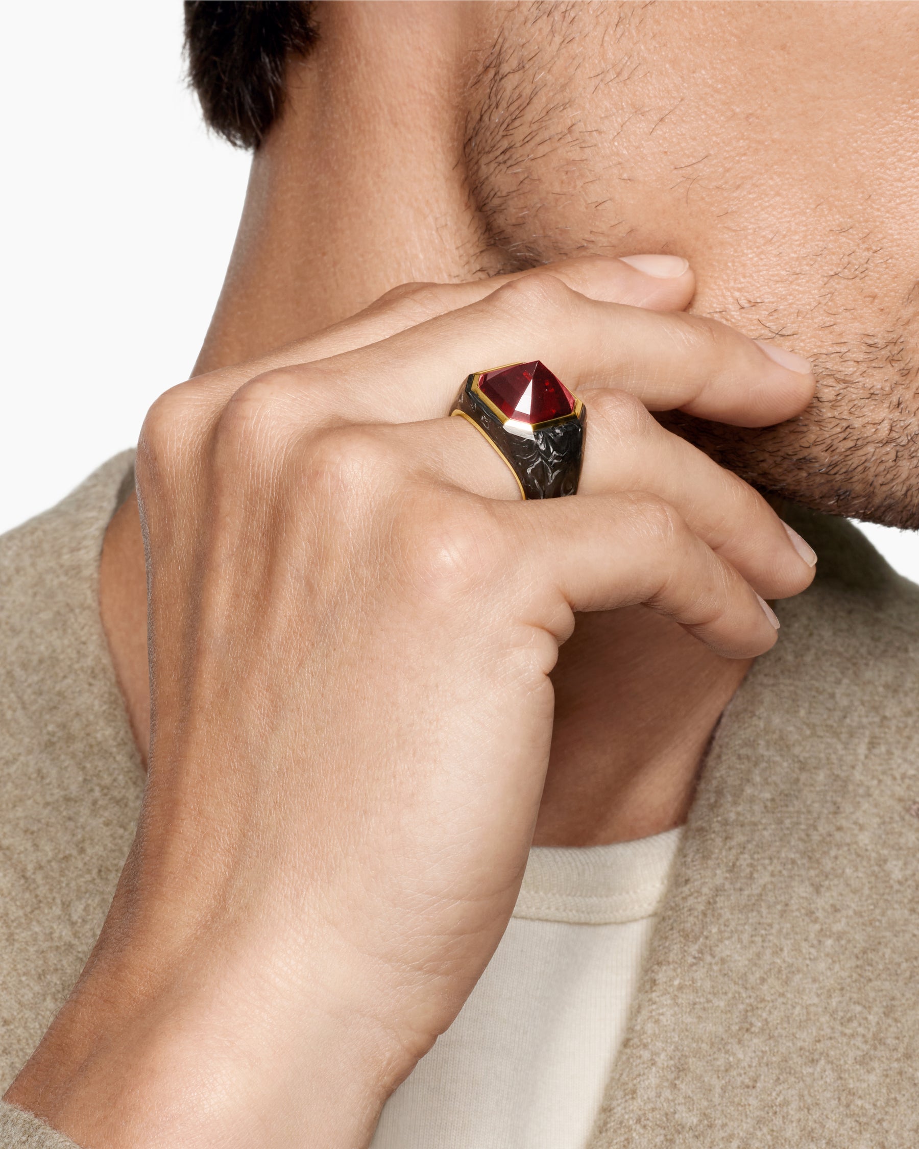 Alternative view of Hexagonal Signet Ring in 18K Yellow Gold with Forged Carbon and Garnet, 17.7mm