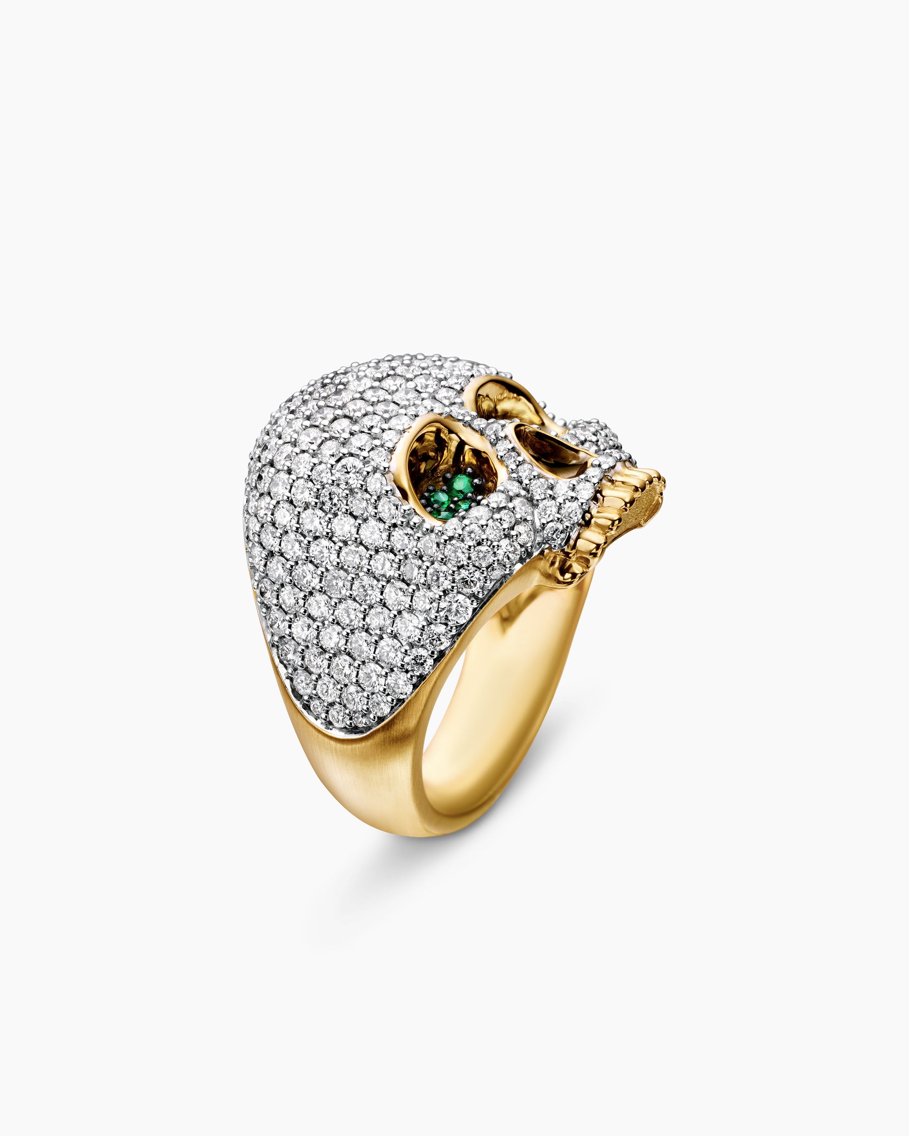 Memento Mori Skull Ring in 18K Yellow Gold with Diamonds and Emeralds, 26mm - Image 3