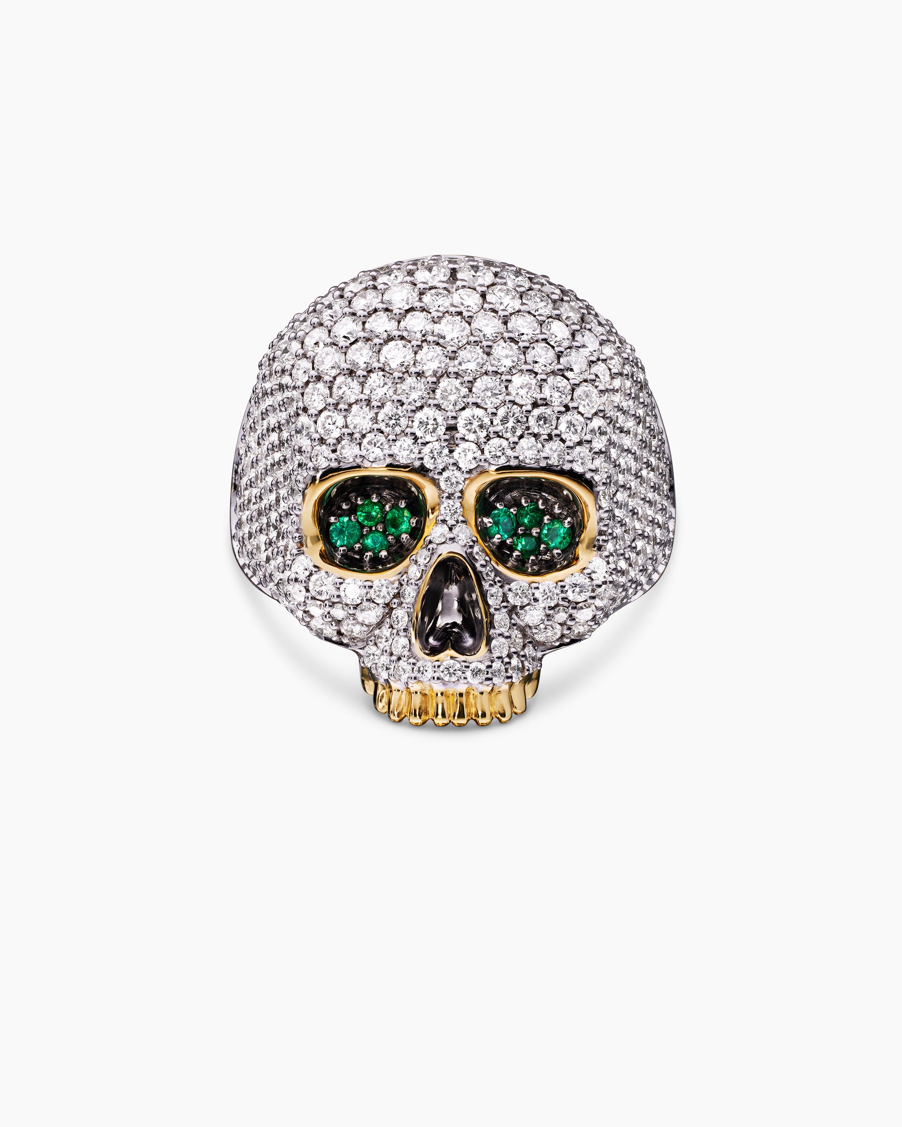 Memento Mori Skull Ring in 18K Yellow Gold with Diamonds and Emeralds, 26mm - Image 4