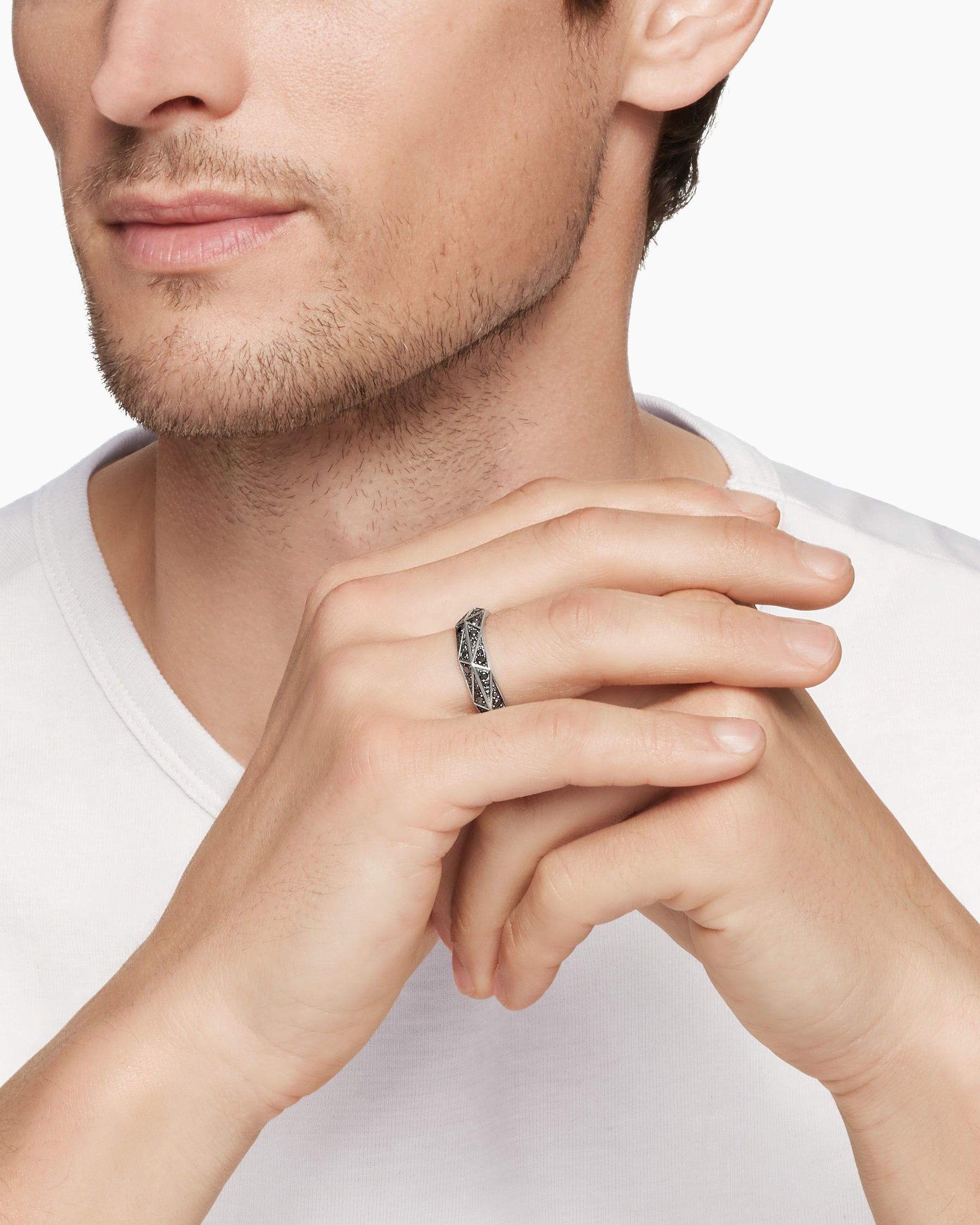 Faceted Band Ring in Sterling Silver with Black Diamonds, 6.2mm - Image 7