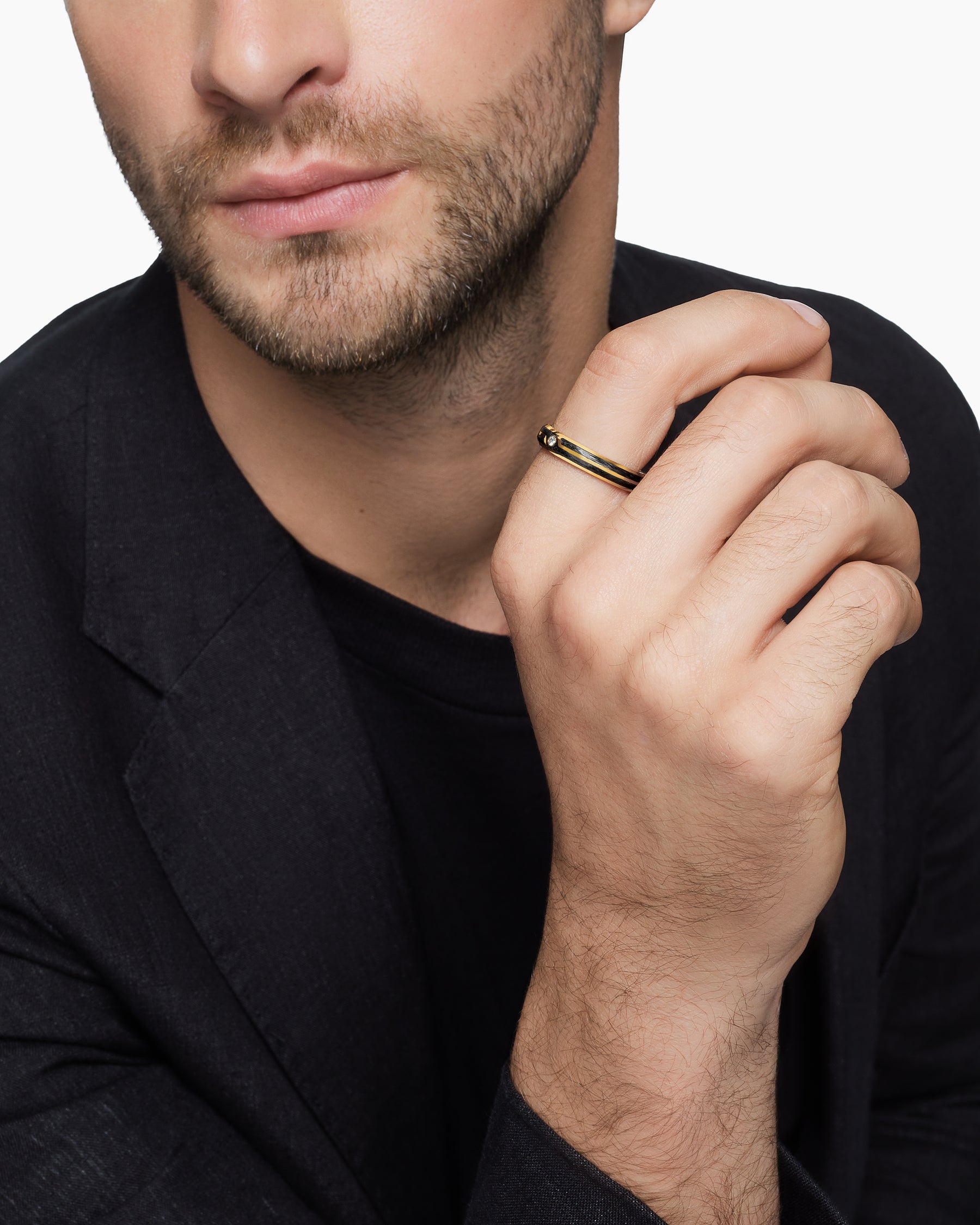 Forged Carbon Band Ring in 18K Yellow Gold with Center Diamond, 4mm - Image 8