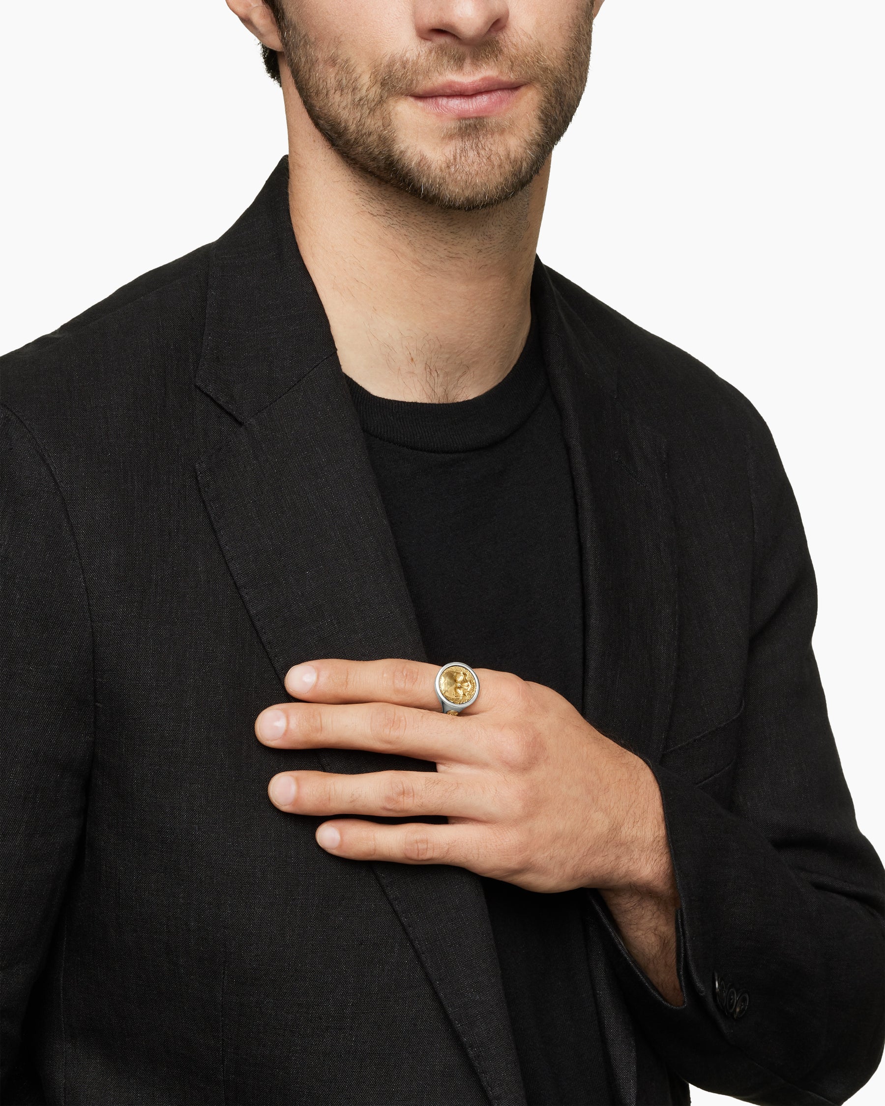 Alternative view of Life and Death Duality Signet Ring in Sterling Silver with 18K Yellow Gold, 20mm