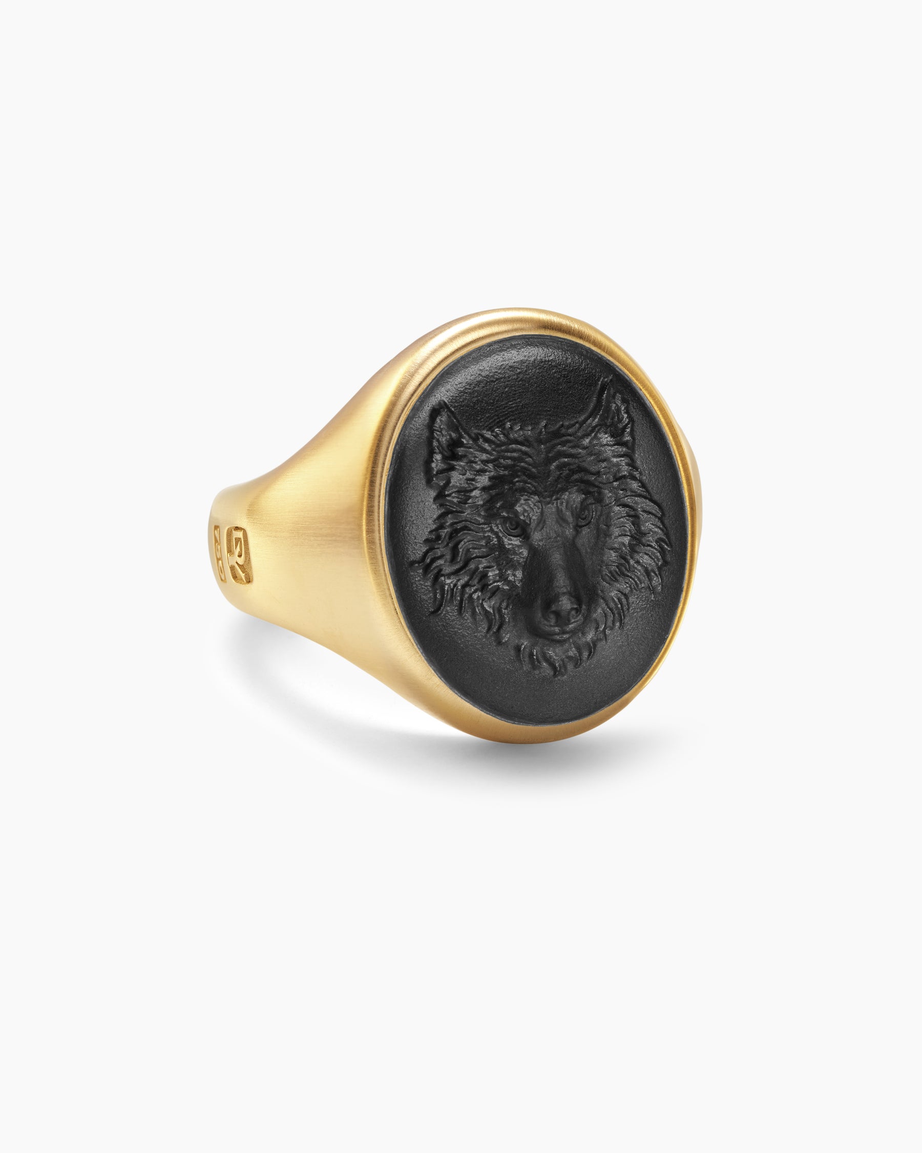 Petrvs Wolf Signet Ring in 18K Yellow Gold with Black Onyx, 21.5mm