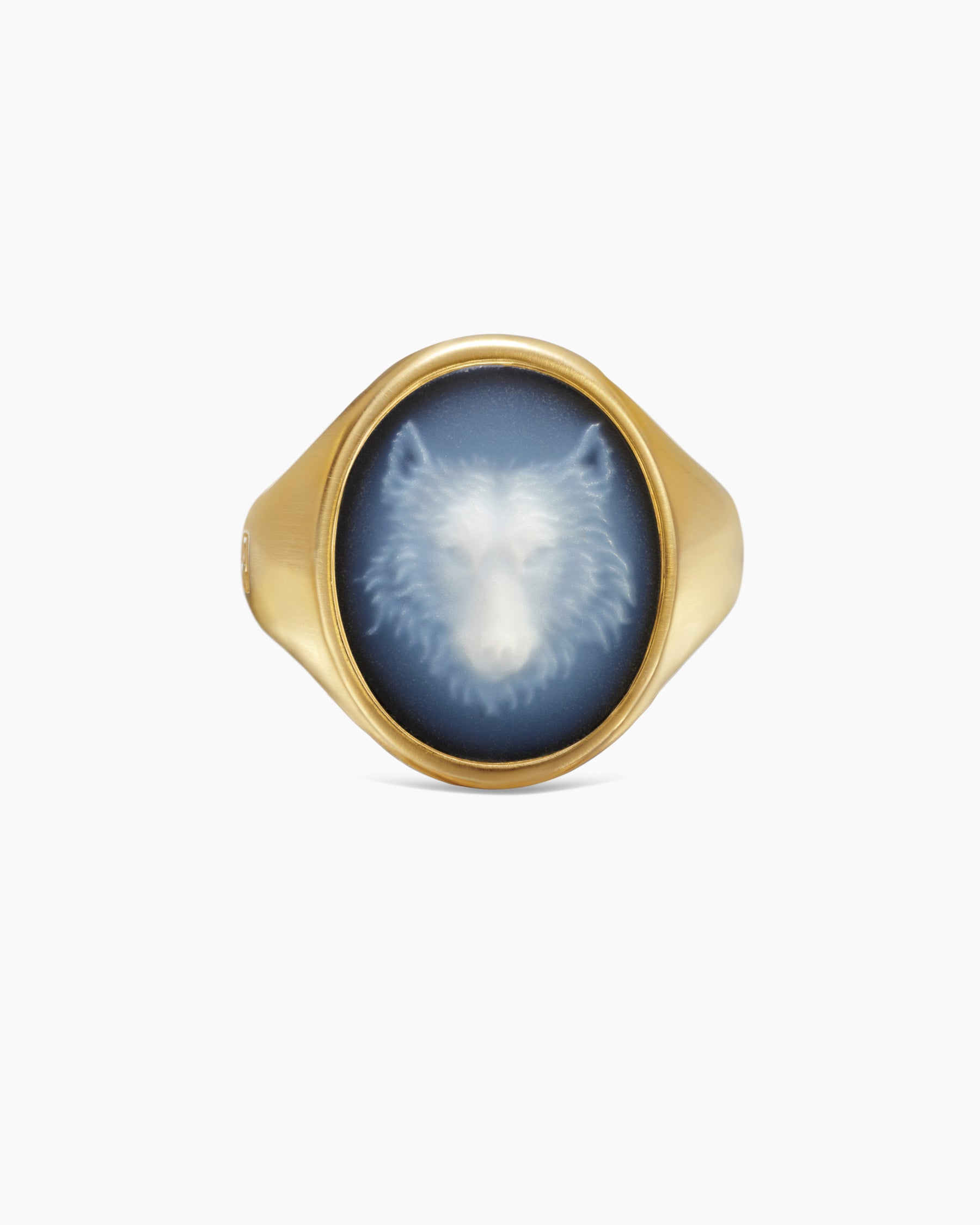 Petrvs Wolf Signet Ring in 18K Yellow Gold with Banded Agate, 21.5mm - Image 4