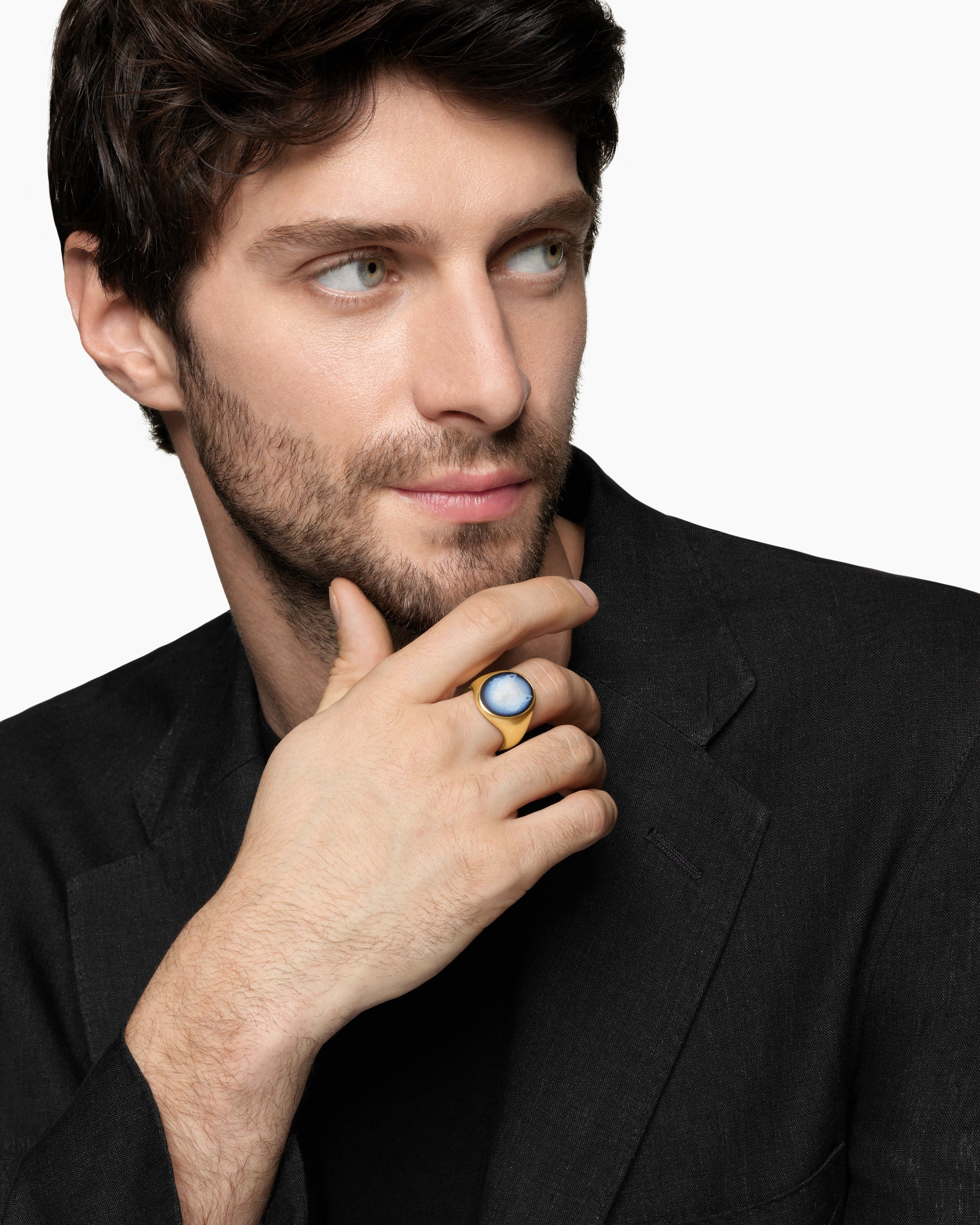 Alternative view of Petrvs Wolf Signet Ring in 18K Yellow Gold with Banded Agate, 21.5mm