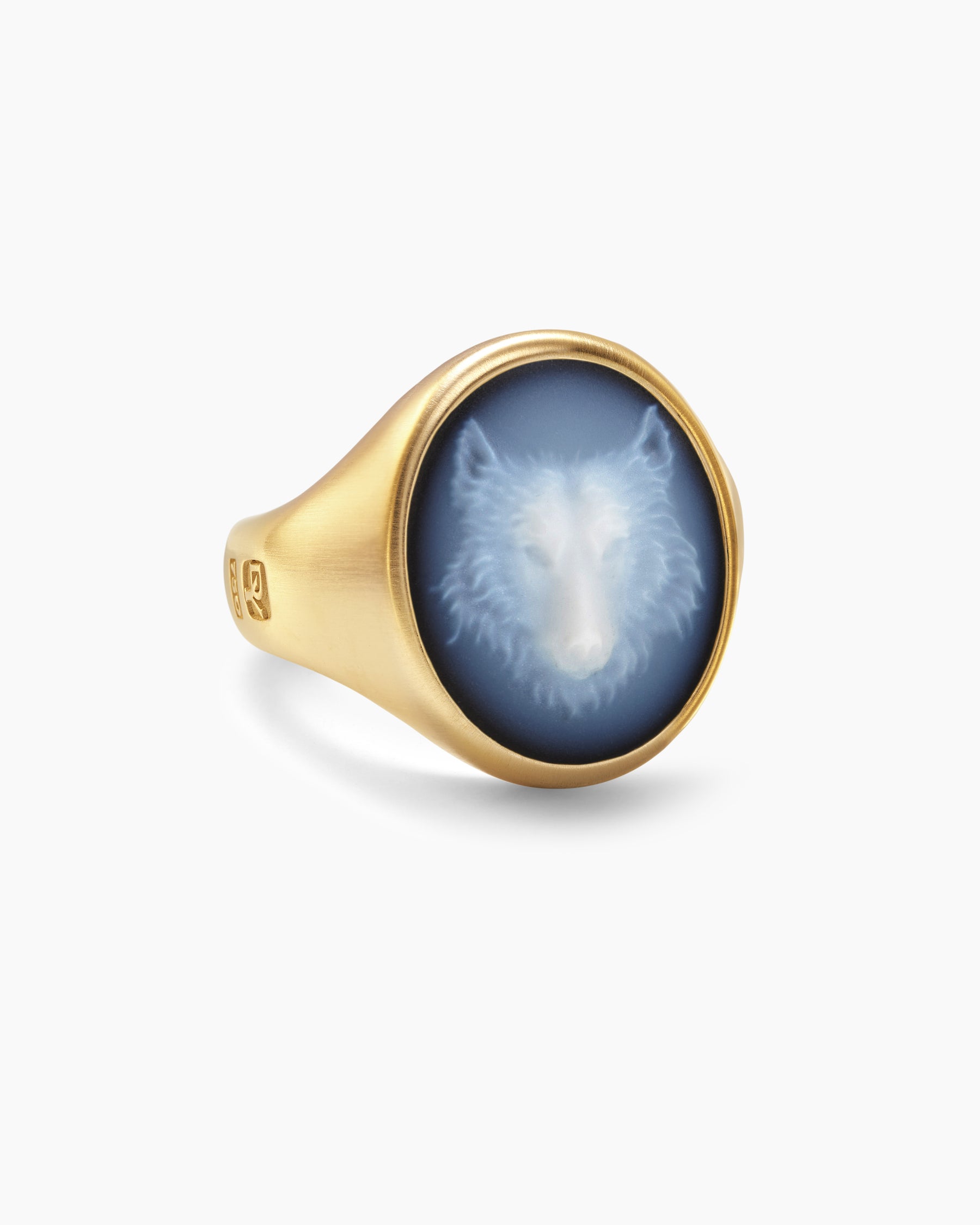 Petrvs Wolf Signet Ring in 18K Yellow Gold with Banded Agate, 21.5mm