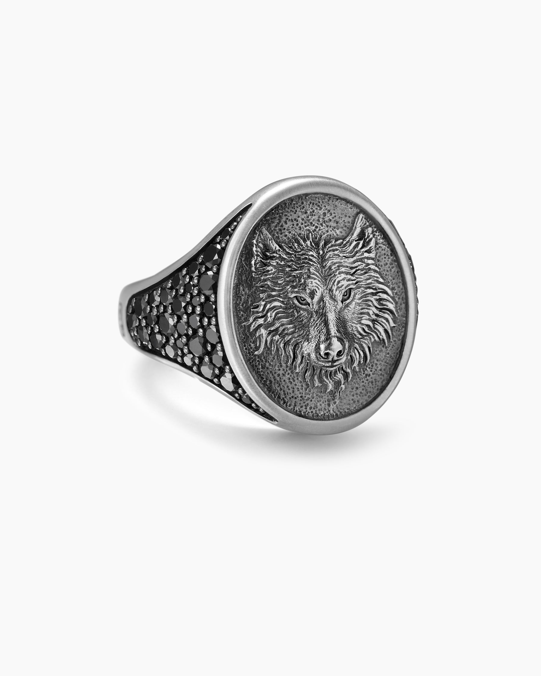 Petrvs Wolf Signet Ring in Sterling Silver with Black Diamonds, 21.5mm