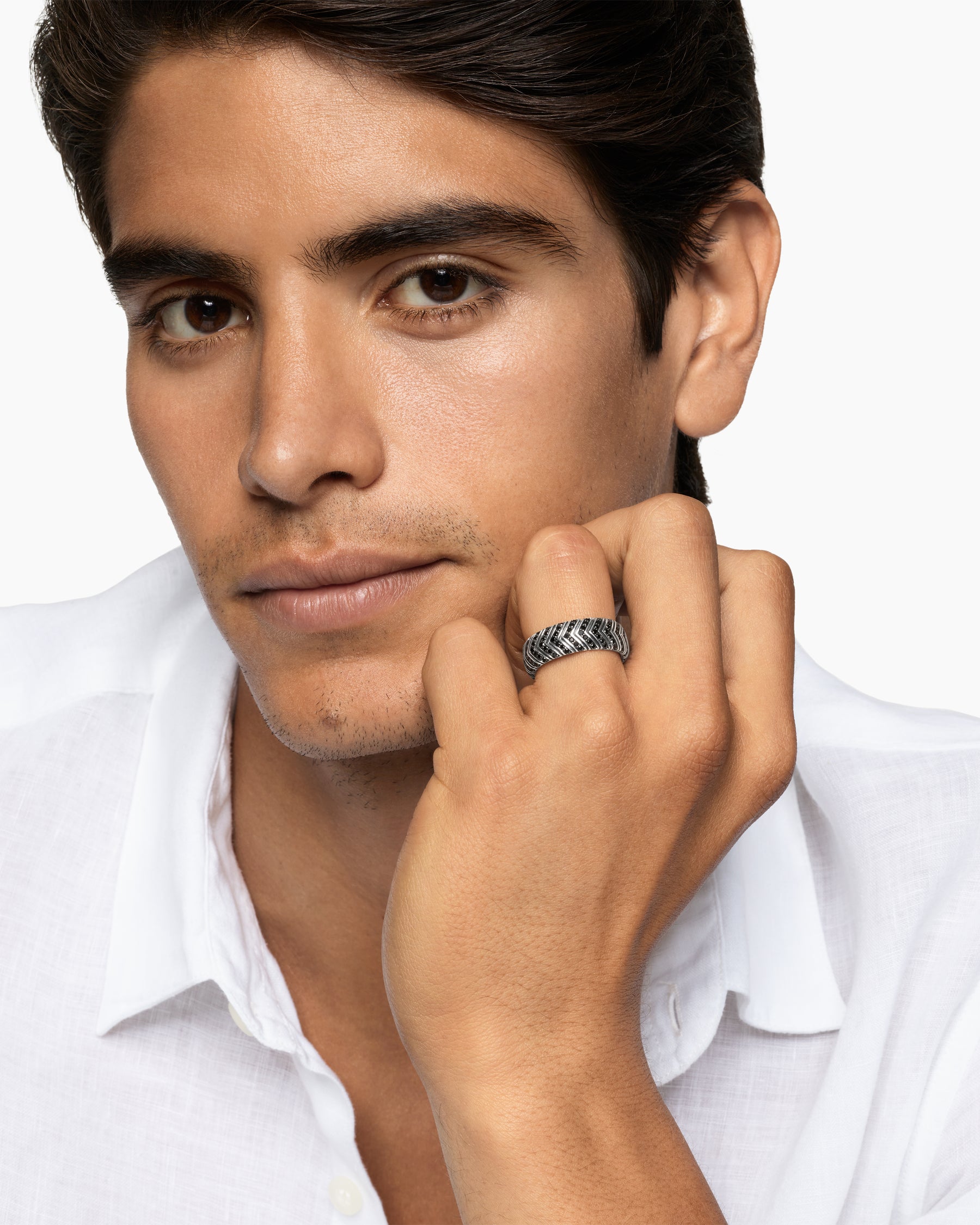 Alternative view of Chevron Band Ring in Sterling Silver with Black Diamonds, 8mm
