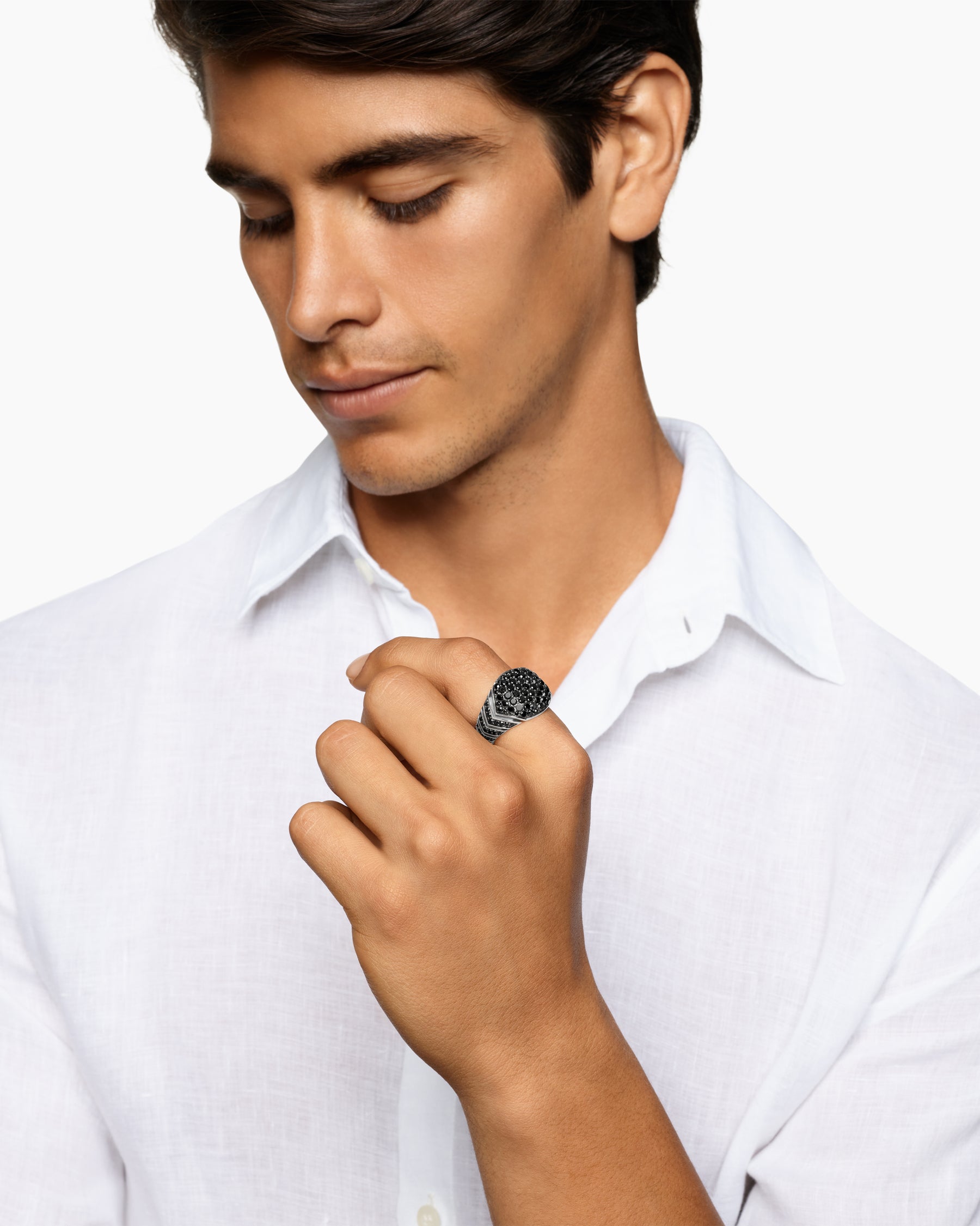 Alternative view of Chevron Signet Ring in Sterling Silver with Black Diamonds, 18mm