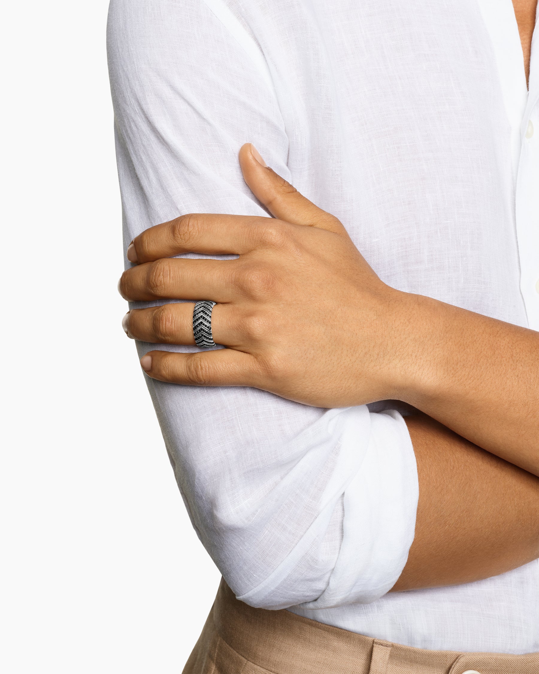 Alternative view of Chevron Band Ring in Sterling Silver with Black Diamonds, 10mm