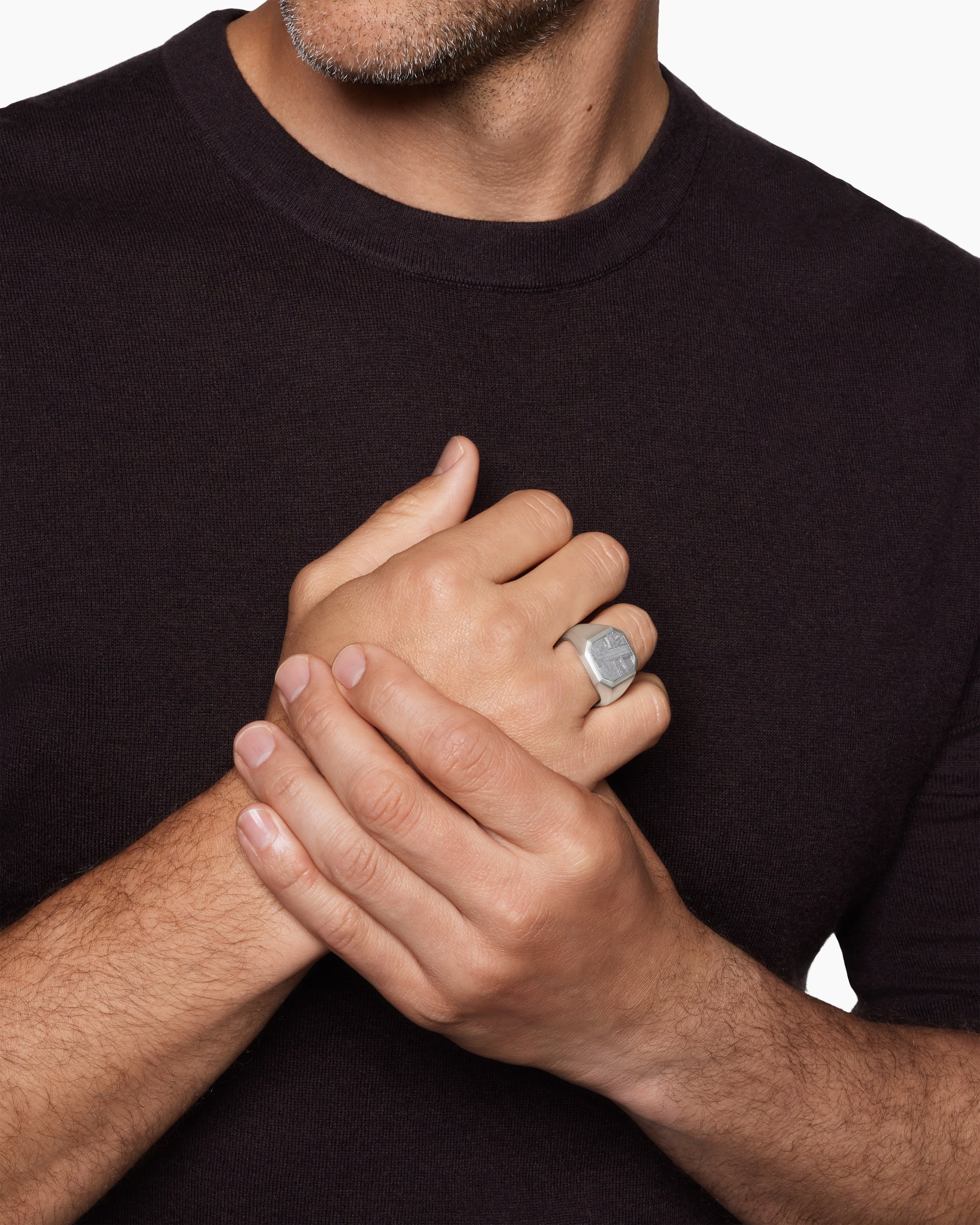 Alternative view of Streamline Signet Ring in Sterling Silver with Meteorite, 18mm