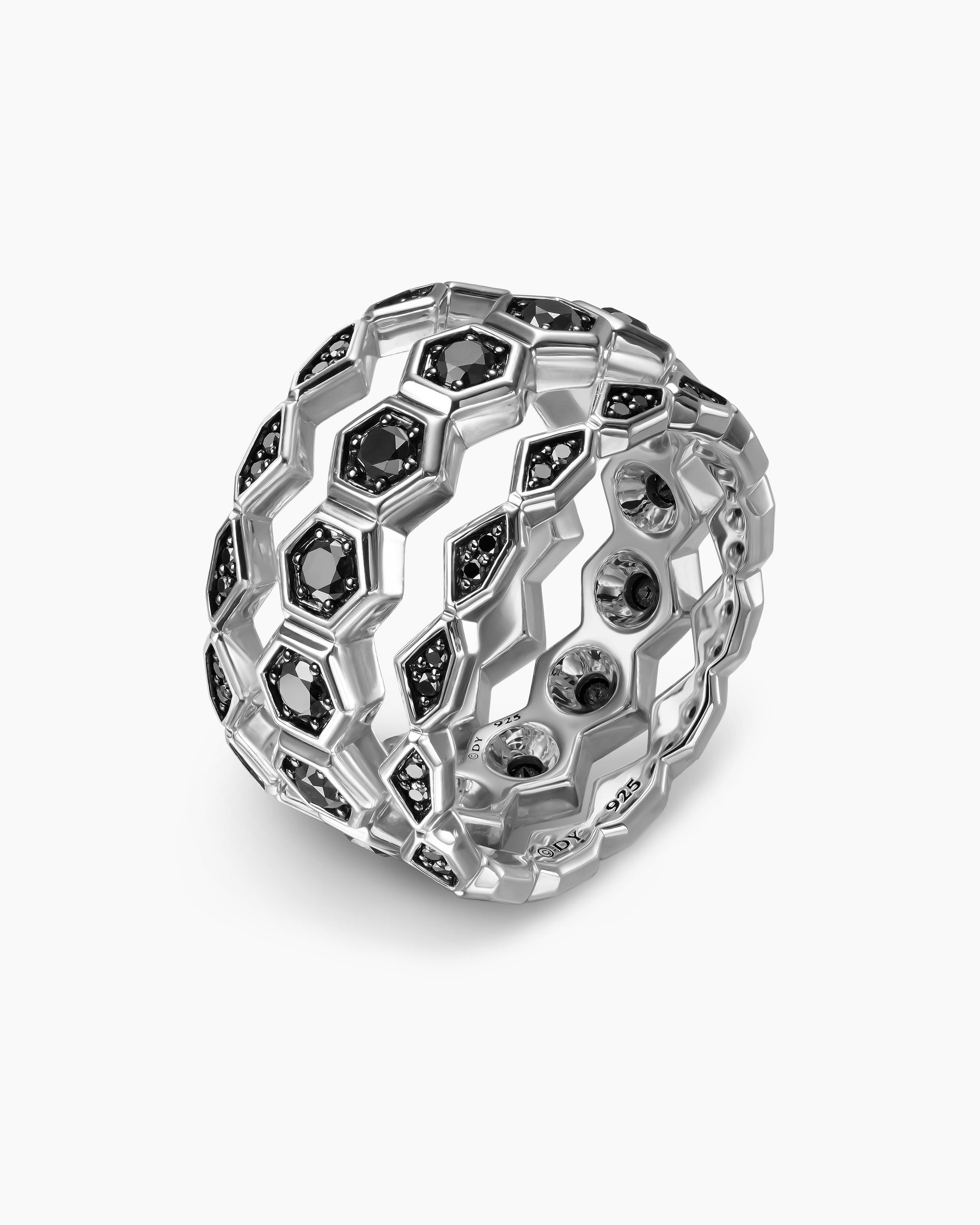 Hex Stack Ring in Sterling Silver with Black Diamonds, 9.3mm - Image 3