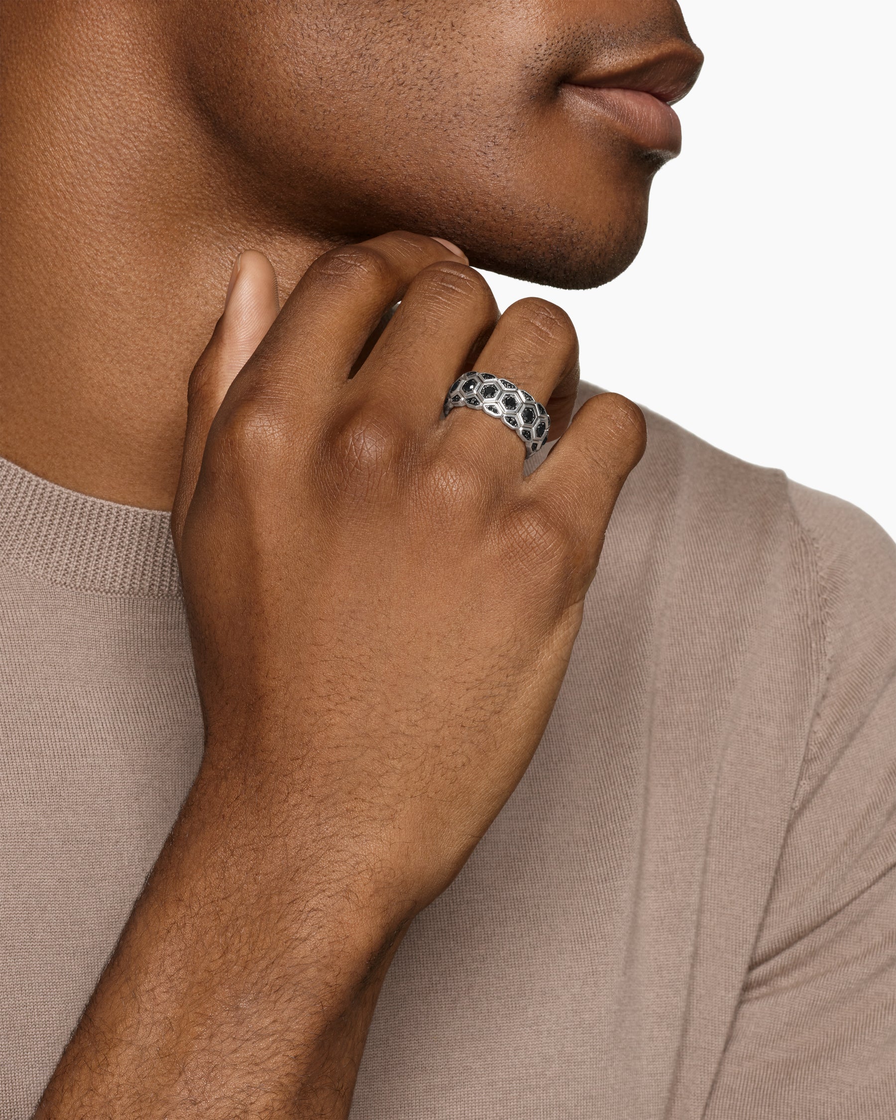Hex Stack Ring in Sterling Silver with Black Diamonds, 9.3mm - Image 2
