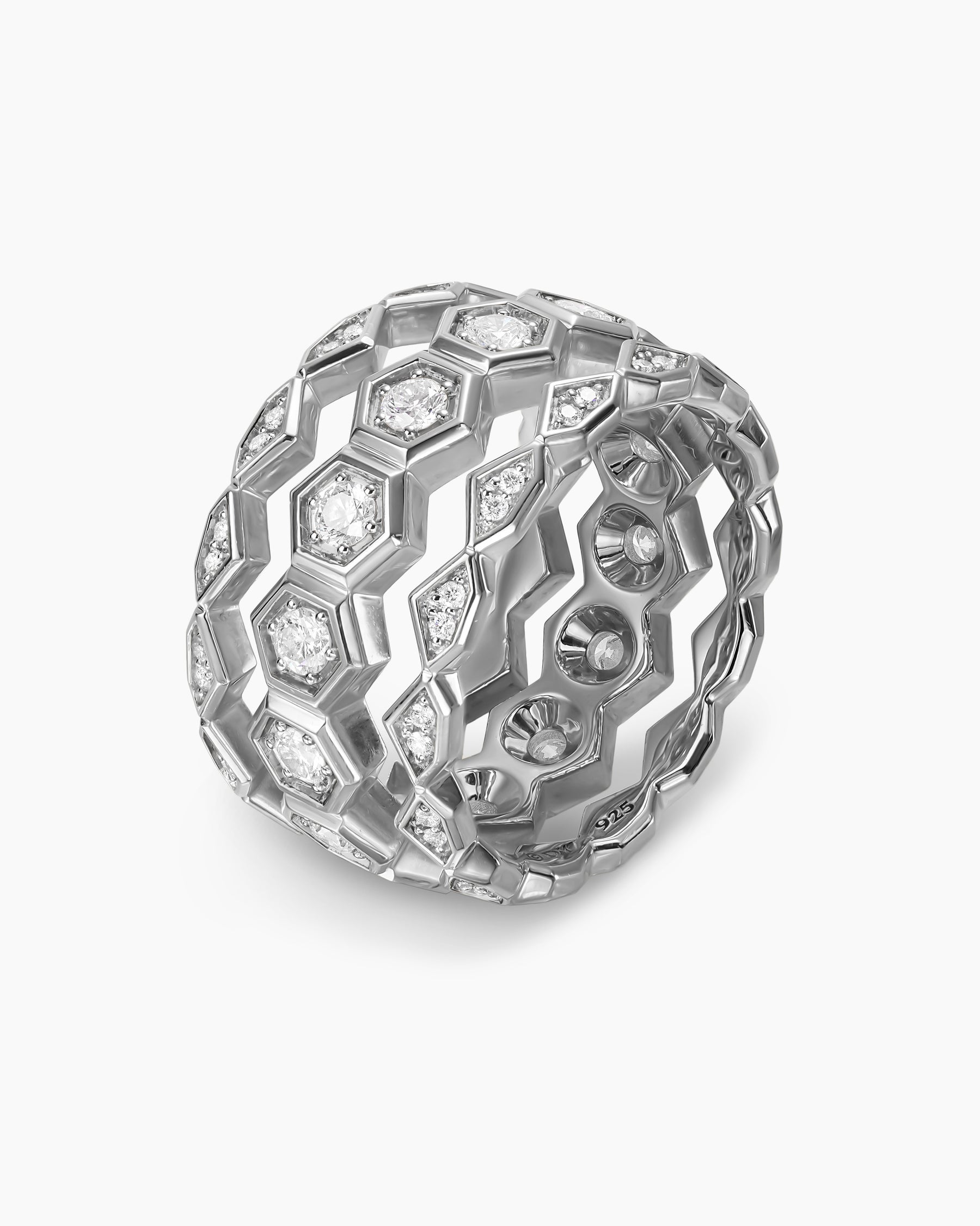 Hex Stack Ring in Sterling Silver with Diamonds, 9.3mm - Image 3