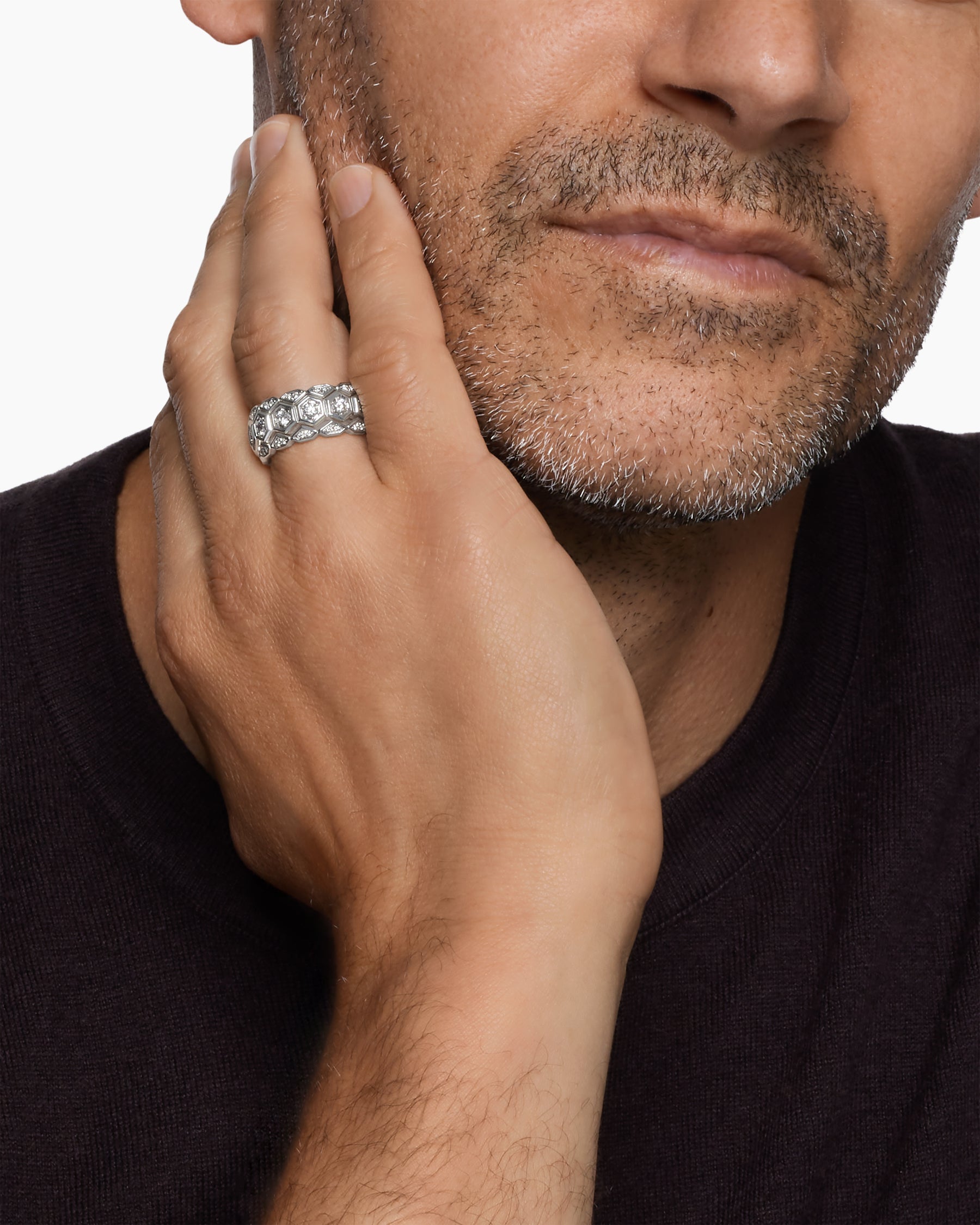Alternative view of Hex Stack Ring in Sterling Silver with Diamonds, 9.3mm
