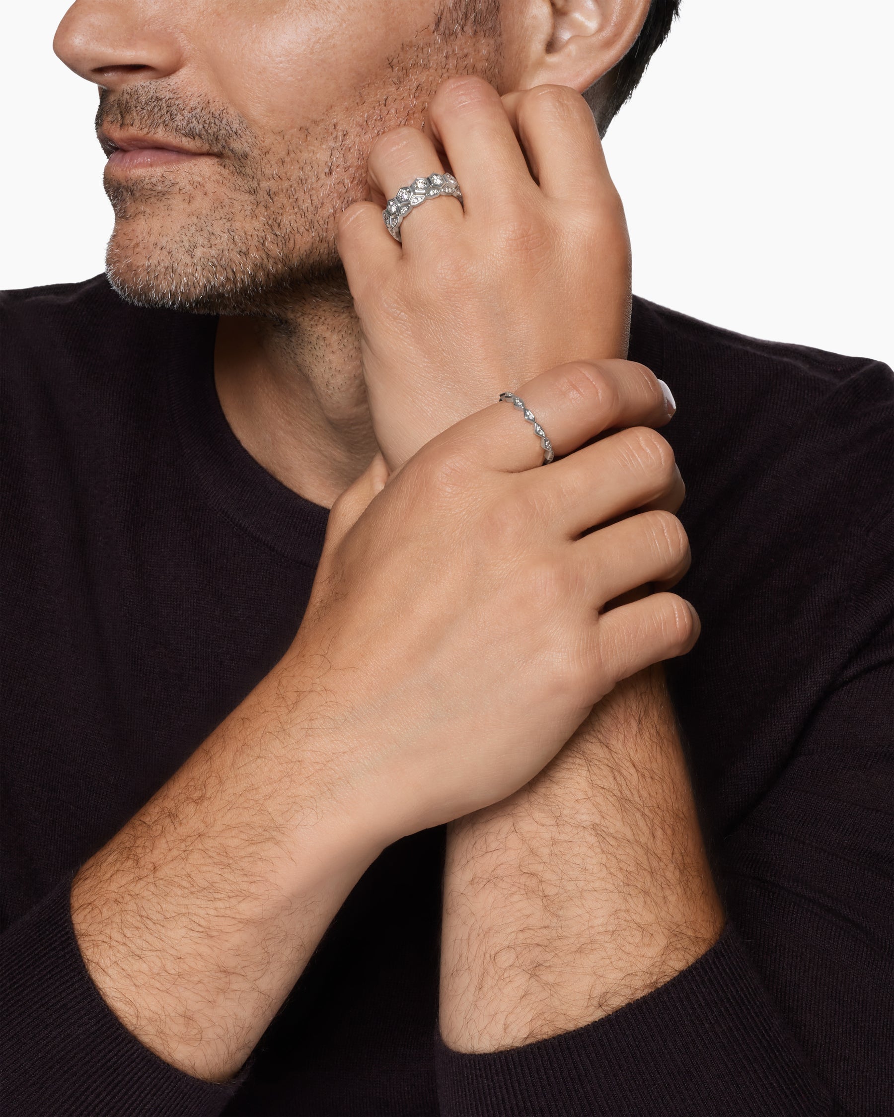 Hex Stack Ring in Sterling Silver with Diamonds, 9.3mm - Image 6