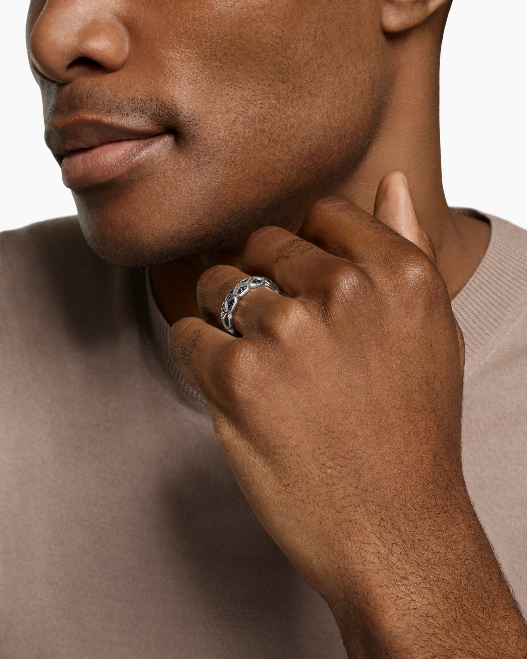 Alternative view of Hex Band Ring in Sterling Silver with Black Diamonds, 6mm