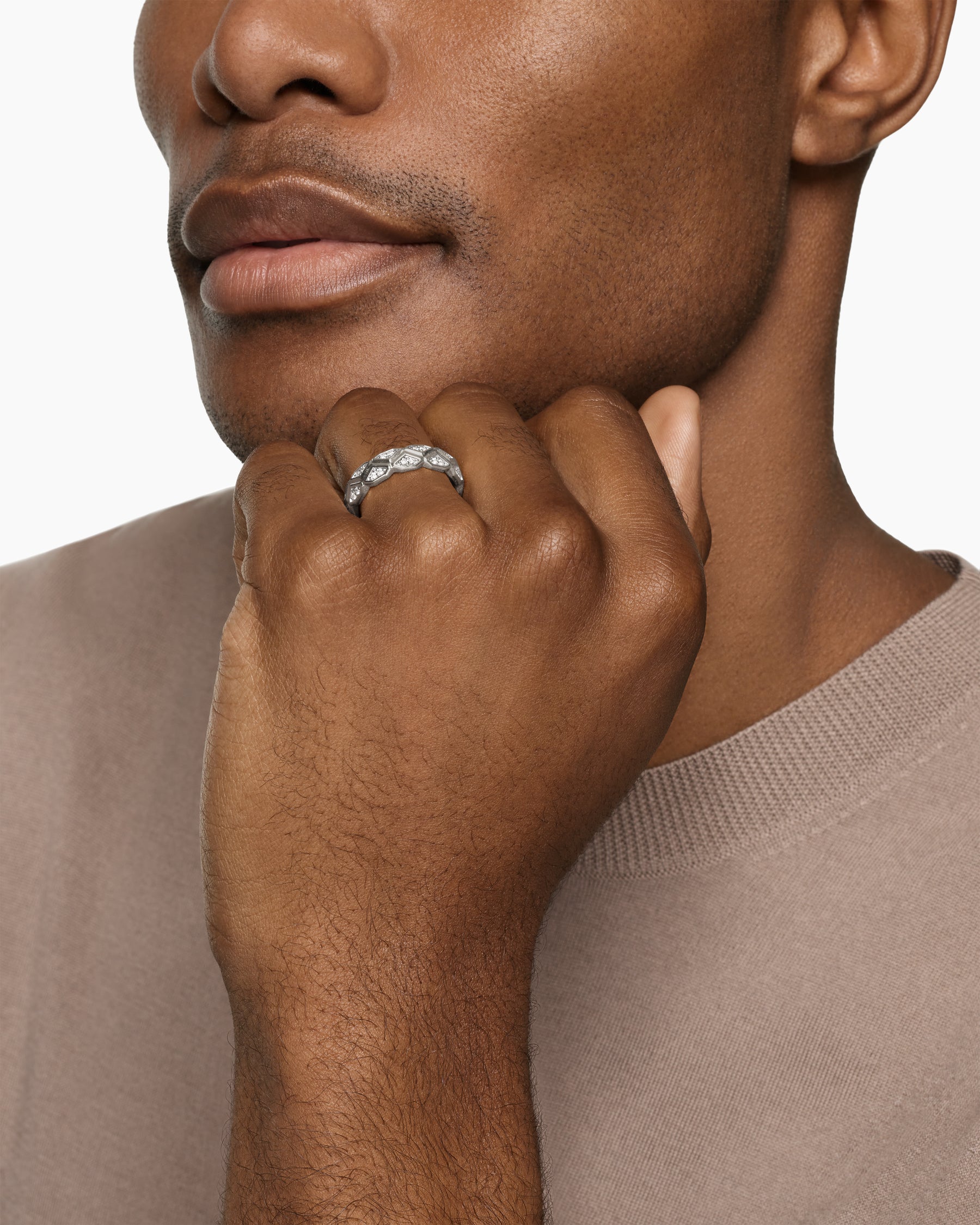 Hex Band Ring in Sterling Silver with Diamonds, 6mm - Image 2