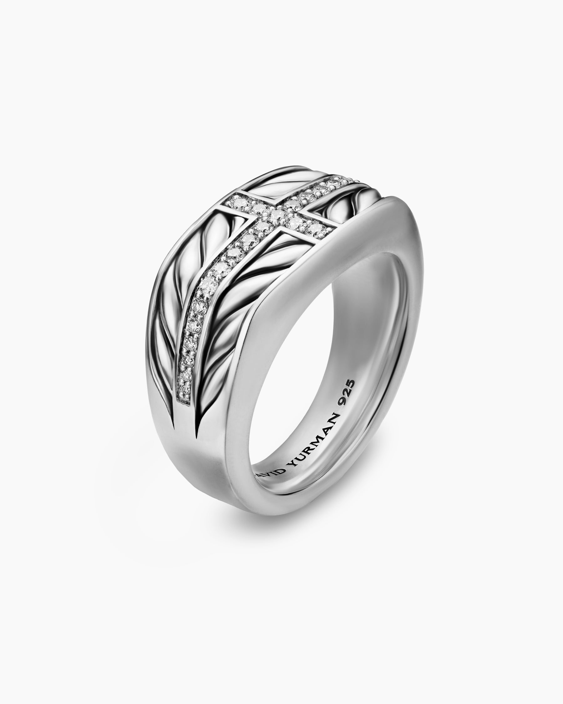 Chevron Three Sided Signet Ring in Sterling Silver with Diamonds, 12.5mm - Image 3