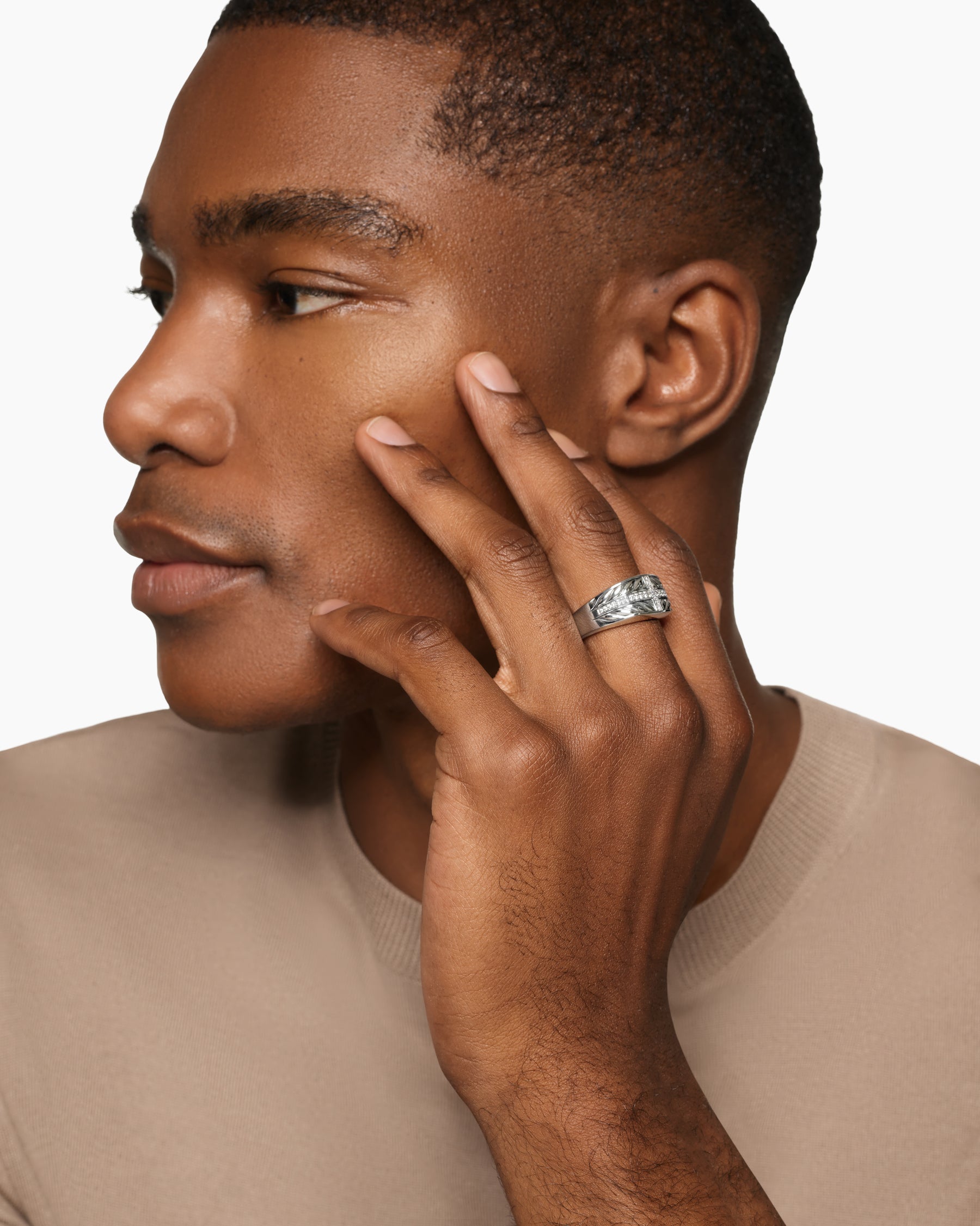 Alternative view of Chevron Three Sided Signet Ring in Sterling Silver with Diamonds, 12.5mm
