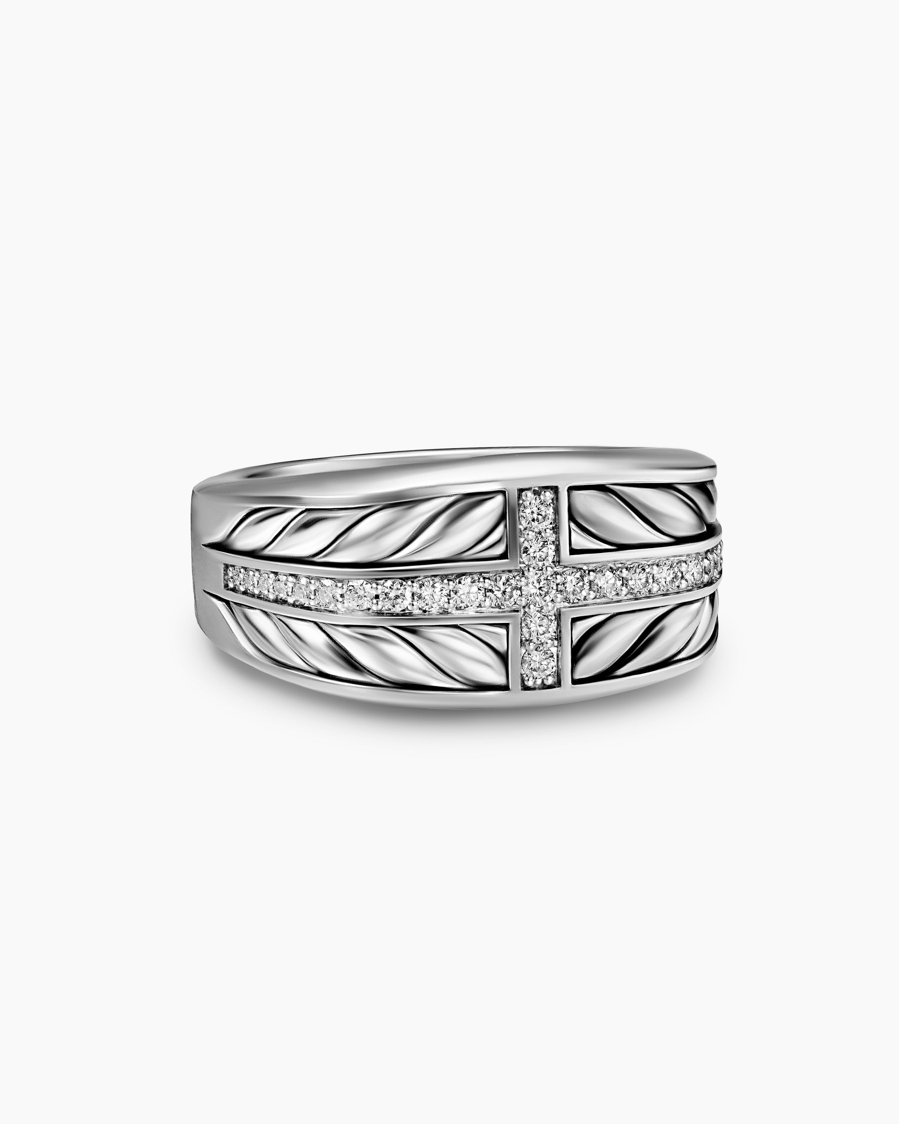 Chevron Three Sided Signet Ring in Sterling Silver with Diamonds, 12.5mm