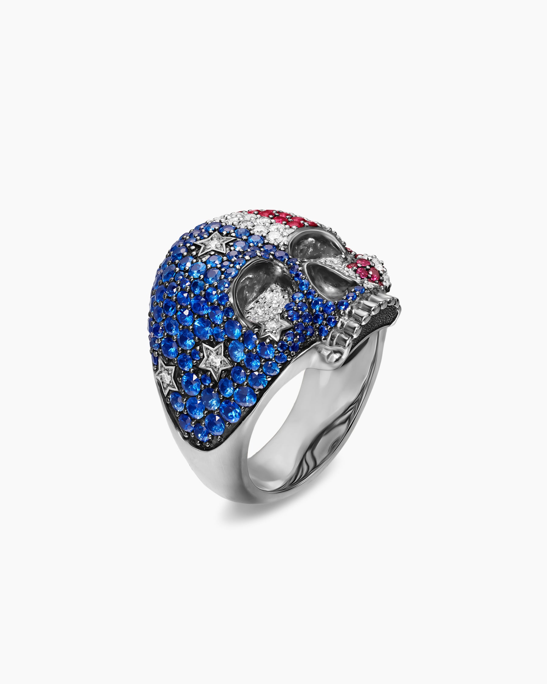 American Flag Pavé Skull Ring in Sterling Silver with Sapphires, Diamonds and Rubies, 25.3mm - Image 3