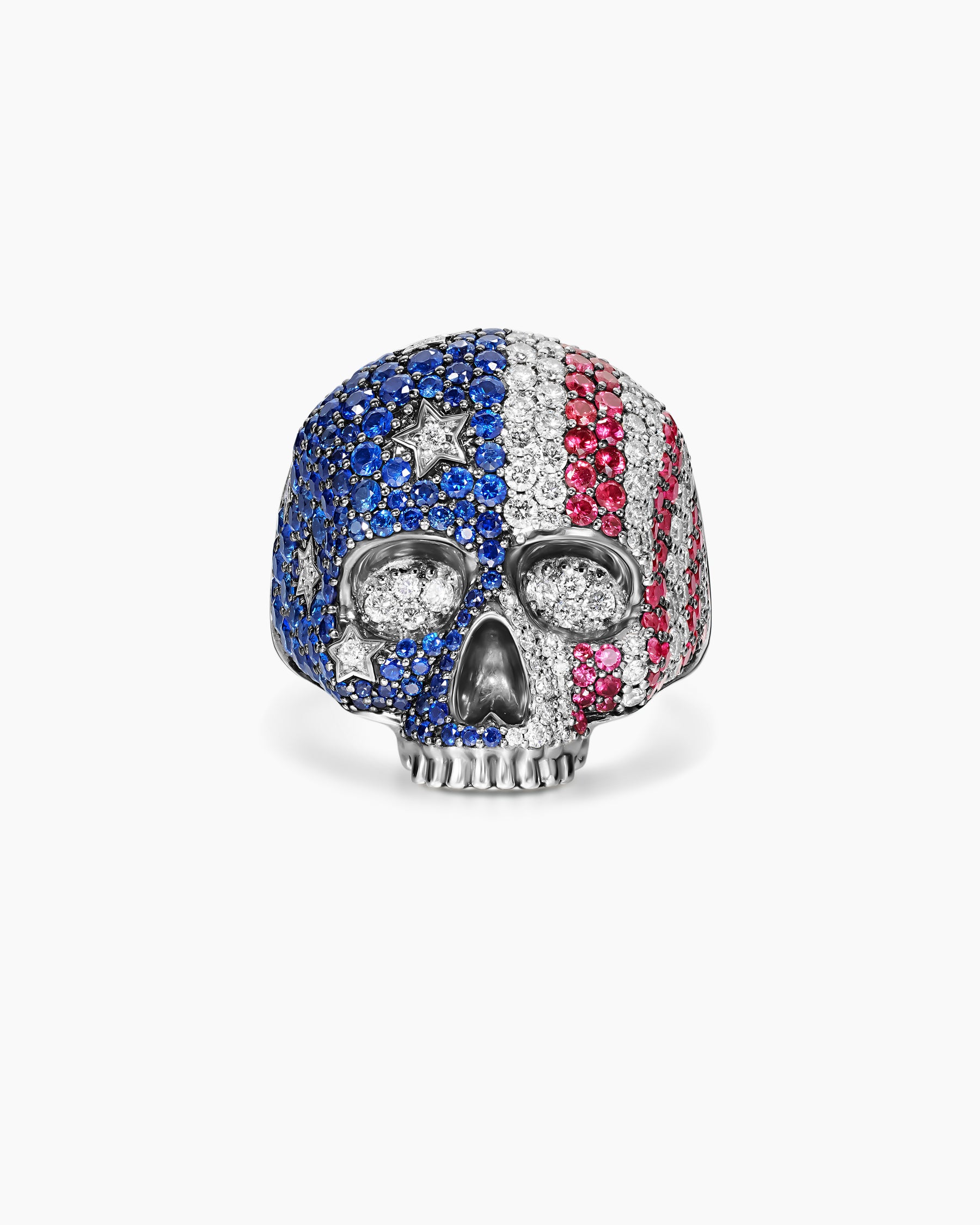 American Flag Pavé Skull Ring in Sterling Silver with Sapphires, Diamonds and Rubies, 25.3mm - Image 4