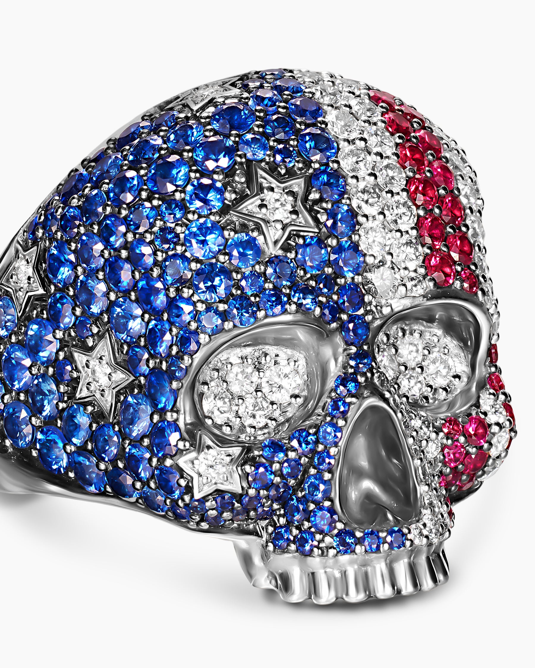 American Flag Pavé Skull Ring in Sterling Silver with Sapphires, Diamonds and Rubies, 25.3mm - Image 5