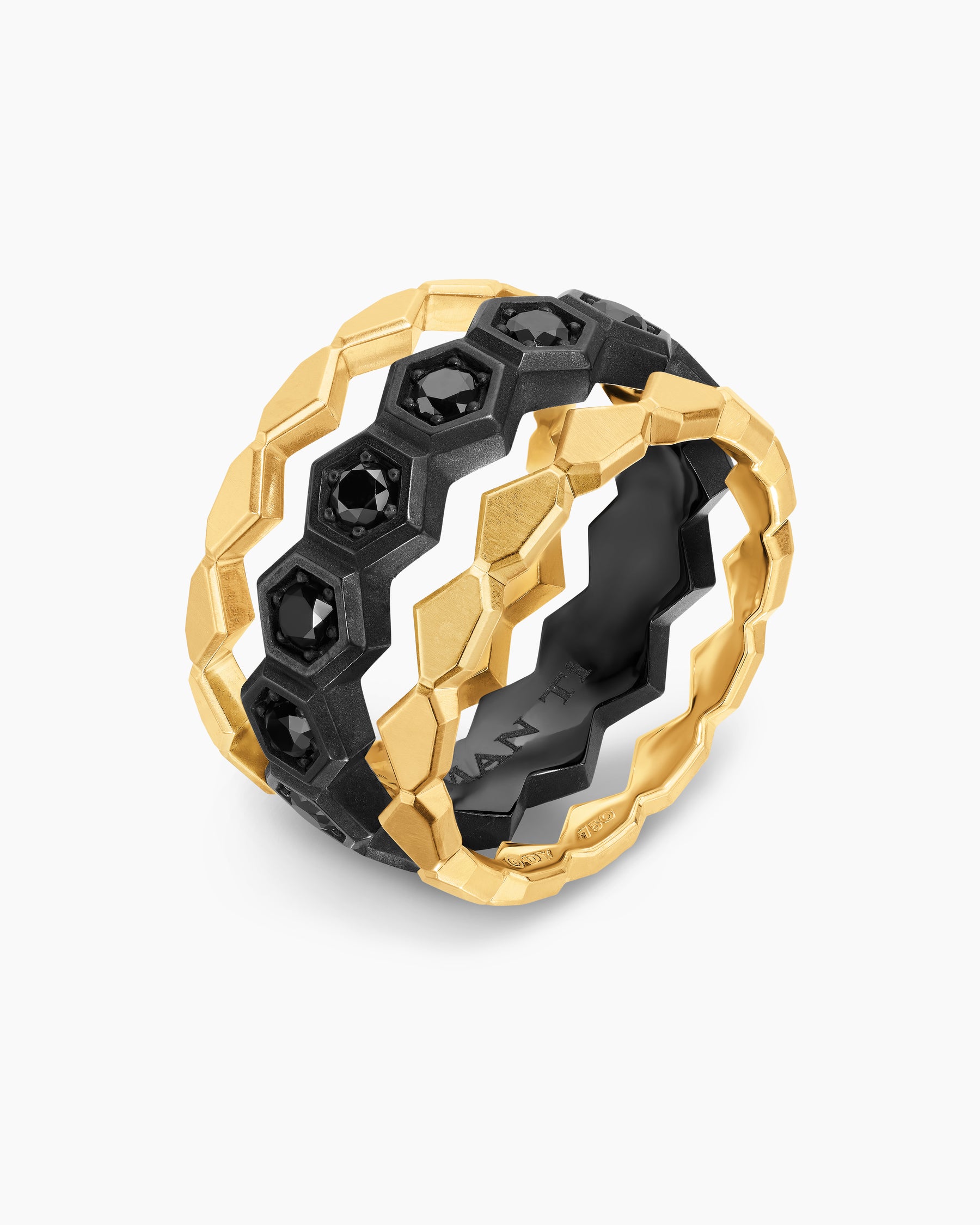 Hex Stack Ring in Black Titanium with 18K Yellow Gold and Black Diamonds, 9.3mm - Image 3