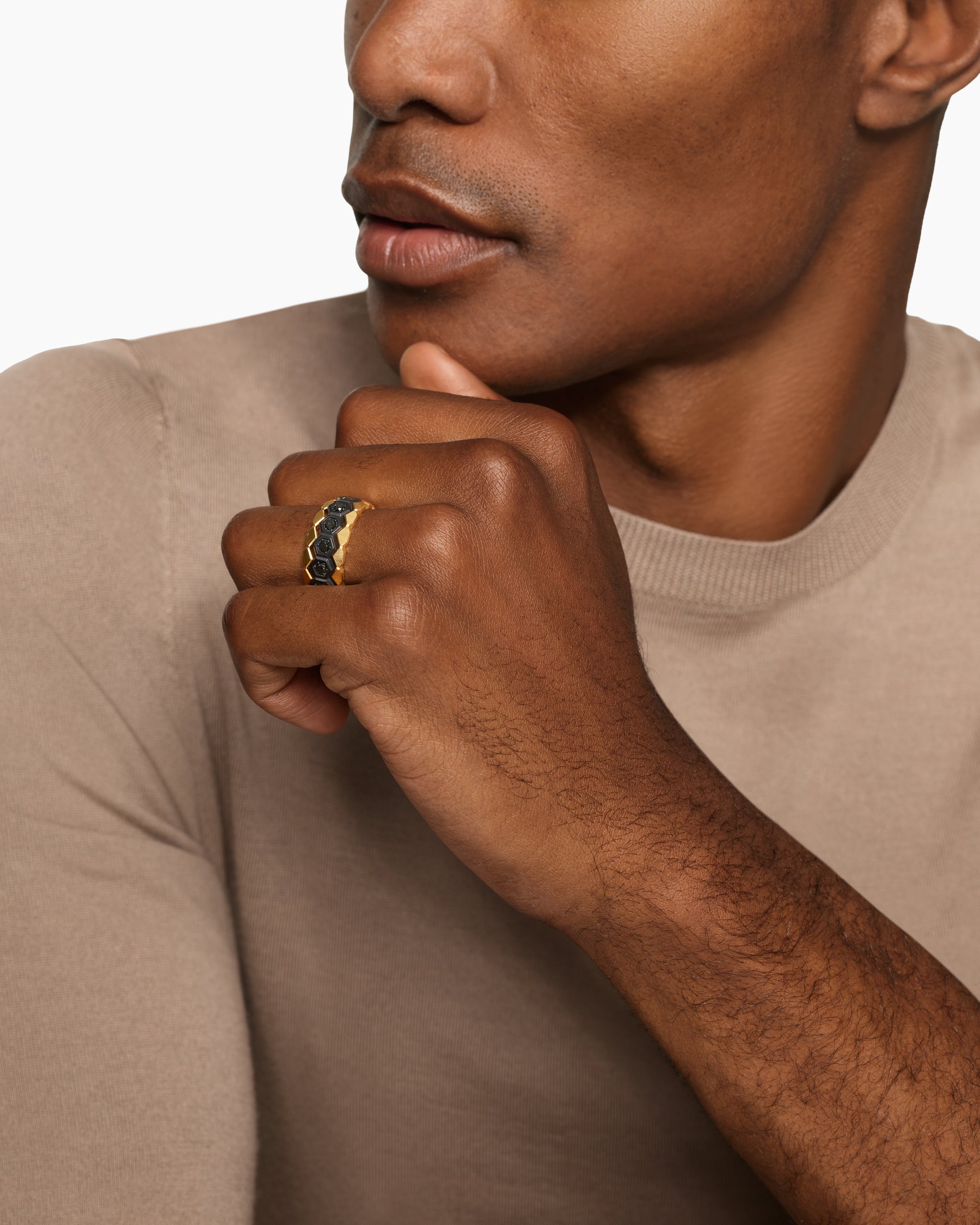 Alternative view of Hex Stack Ring in Black Titanium with 18K Yellow Gold and Black Diamonds, 9.3mm