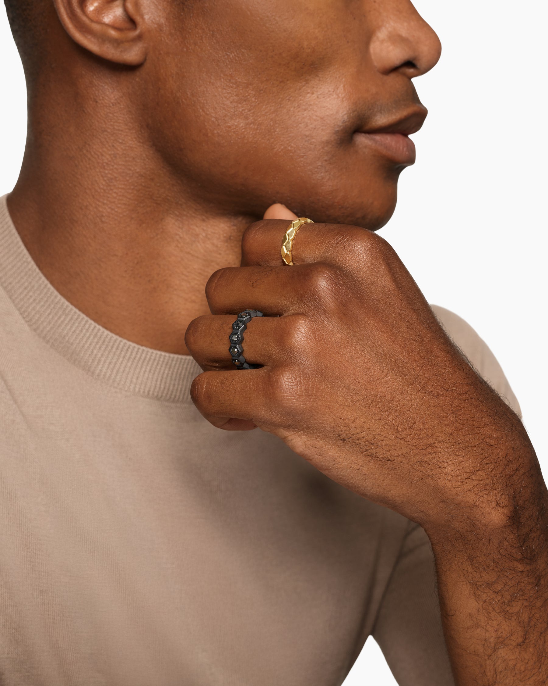 Hex Stack Ring in Black Titanium with 18K Yellow Gold and Black Diamonds, 9.3mm - Image 6