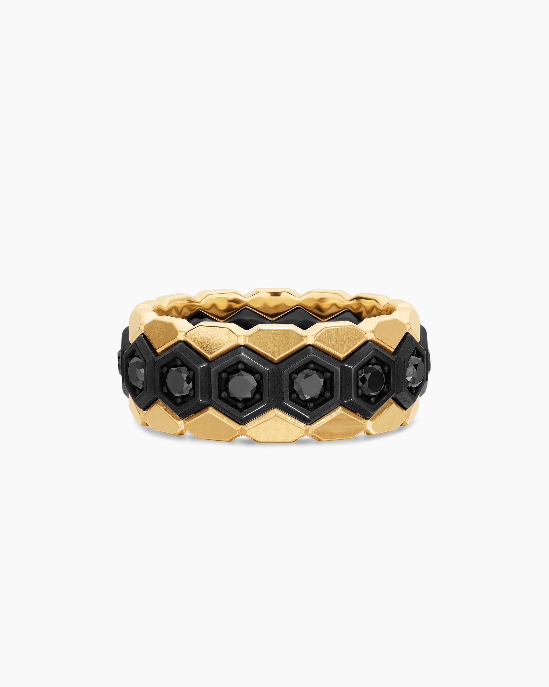 Hex Stack Ring in Black Titanium with 18K Yellow Gold and Black Diamonds, 9.3mm